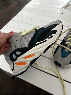 Yeezy Kids Grey Teal Black Sneakers with Orange Accents